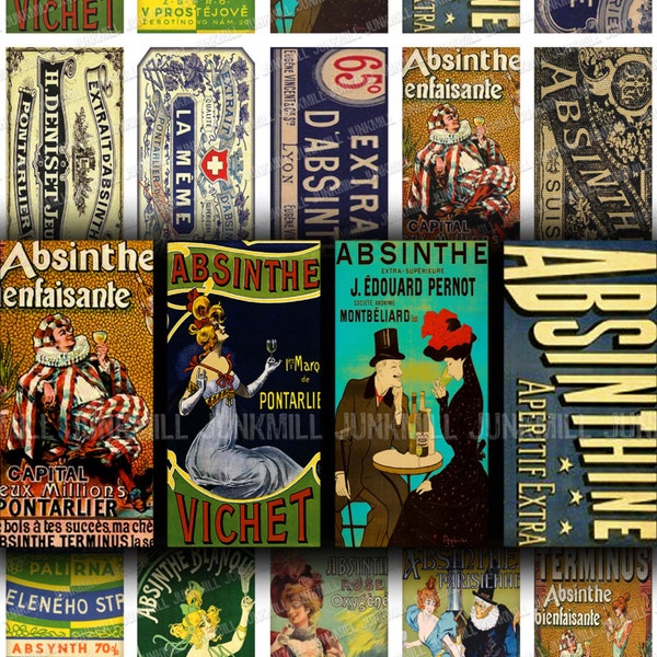 ABSINTHE - Digital Printable Collage Sheet - French Victorian Absinthe Labels & Vintage Green Fairy Advertisements, Domino Tiles 1" x 2"