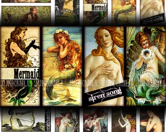 MINI MERMAIDS - Digital Printable Collage Sheet - Victorian Mermaids, Vintage Nautical Fantasy Nudes, 1" x 2" Domino Tile, Instant Download