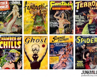 PULP HORROR - Digitaal afdrukbaar collageblad - Pulp Fiction-omslagen, sciencefictionstripboeken, gotische pin-ups en Halloween-monsters, ATC