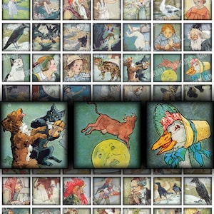 MOTHER GOOSE MINIS - Digital Printable Collage Sheet - Vintage Nursery Rhymes & Fairy Tales, 1&quot; Square or Scrabble Tile, Instant Download