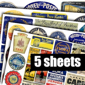 ETIQUETAS STEAMTRUNK - 5 hojas de collage imprimibles digitalmente - Etiquetas de equipaje vintage, etiquetas de viaje de recuerdo de Europa, descarga instantánea