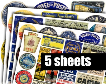 STEAMTRUNK LABELS - 5 Digital Printable Collage Sheets - Vintage Luggage Labels, Souvenir Travel Labels from Europe, Instant Download