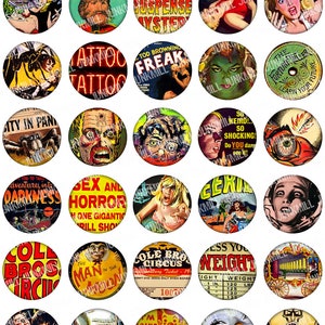 SIDESHOW Digital Printable Collage Sheet Vintage Circus Freaks & Carnival Funhouse Freakshow, 1 Circle, 25 mm, Instant Download image 2