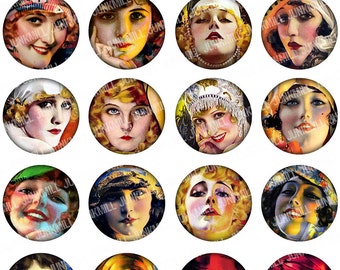 GLAMOUR GIRLS - Digital Printable Collage Sheet - Art Nouveau, French Fashion, Film Stars & Flappers, 1" Circle, 25 mm, Instant Download
