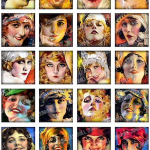CHICAS GLAMOUR - Hoja de collage imprimible digital - Moda Art Nouveau, estrellas de cine, flappers, mosaico cuadrado de 1" o de Scrabble, descarga instantánea