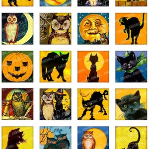 FULL MOON Digital Printable Collage Sheet Vintage Black Cats, Jack-o-Lanterns & Halloween Owls, 1 Square or Scrabble, Instant Download image 1