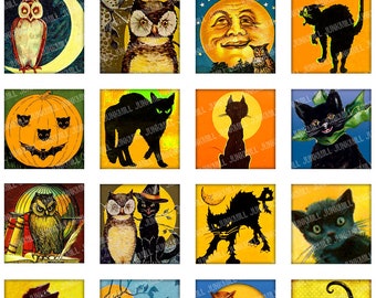 FULL MOON - Digital Printable Collage Sheet - Vintage Black Cats, Jack-o-Lanterns & Halloween Owls, 1" Square or Scrabble, Instant Download