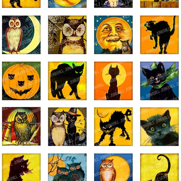 PLEINE LUNE - Feuille de collage imprimable numérique - vintage Black Cats, Jack-o-Lanterns & Halloween Owls, 1" Square ou Scrabble, Téléchargement instantané