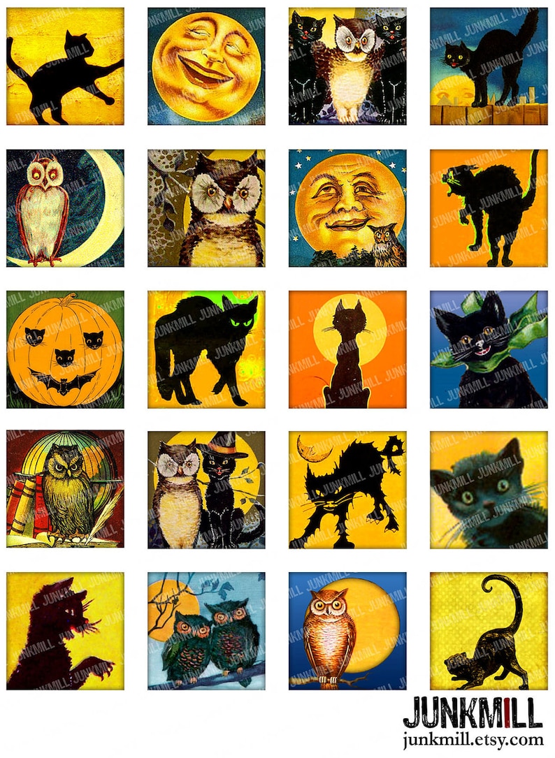 FULL MOON Digital Printable Collage Sheet Vintage Black Cats, Jack-o-Lanterns & Halloween Owls, 1 Square or Scrabble, Instant Download image 1