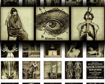SUPERSTITIOUS - Digital Printable Collage Sheet - Anatomy, Magic Illusions, Occult Seances, Human Marvels, 1" Square or Scrabble Tile Size