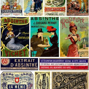 ABSINTH - Digital druckbares Collage Sheet - französische viktorianische Absinthetiketten & Vintage grüne Feenwerbung, druckbare Flaschenetiketten