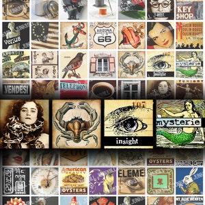 MINI MEDLEY II - Foglio di collage digitale stampabile - Campionario assortito con immagini vintage, antiche e retrò, quadrato da 25 mm, tessera Scrabble