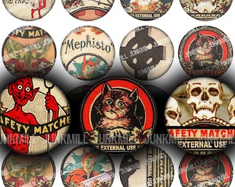 MEPHISTO CIRCLES - Digital Printable Collage Sheet - Vintage Gothic Halloween Matchbox Labels, 1" Circle, 25 mm Round, Instant Download