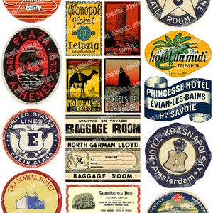 STEAMTRUNK II - Digital Printable Collage Sheet - Vintage Travel Labels from Steamboats, Hotels & Europe Landmarks, Instant Download