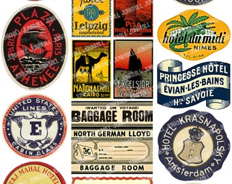 STEAMTRUNK II - Digital Printable Collage Sheet - Vintage Travel Labels from Steamboats, Hotels & Europe Landmarks, Instant Download