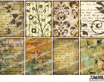 May include: A collection of eight rectangular vintage cards. Each card displays a distinct design, incorporating floral, script, and patterned elements in brown, beige, and green hues. The cards have a distressed, aged look, with text and illustrations.