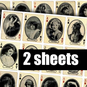 TARJETAS MORIARTY - Hojas de collage para imprimir digitalmente - Naipes antiguos con estrellas del cine mudo, mujeres eduardianas, tamaño caja de cerillas