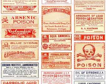 VENENO - Lámina de collage digital imprimible - Etiquetas de boticario antiguas, etiquetas de veneno vintage, farmacia, laboratorio, medicina, descarga instantánea