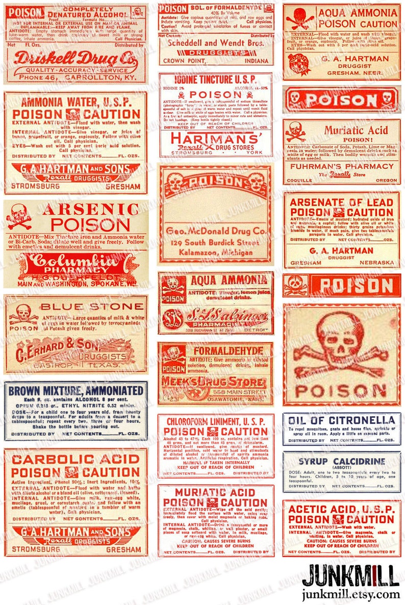 POISON - Digital Printable Collage Sheet - Antique Apothecary Labels, Vintage Poison Labels, Pharmacy, Laboratory, Medical, Instant Download 