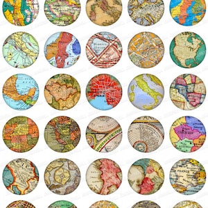 MINI MAPS Digital Collage Sheet Vintage Maps of Italy, France, United Kingdom, Scandinavia, Eastern Europe & More, 1 Circles 25 mm image 1