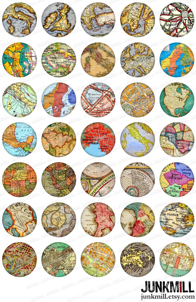 MINI MAPS Digital Collage Sheet Vintage Maps of Italy, France, United Kingdom, Scandinavia, Eastern Europe & More, 1 Circles 25 mm image 1