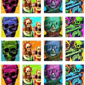 LOS MUERTOS Digital Printable Collage Sheet Mexican Day of the Dead Skeletons & Catrinas, 1 Square or Scrabble Tile, Instant Download image 3