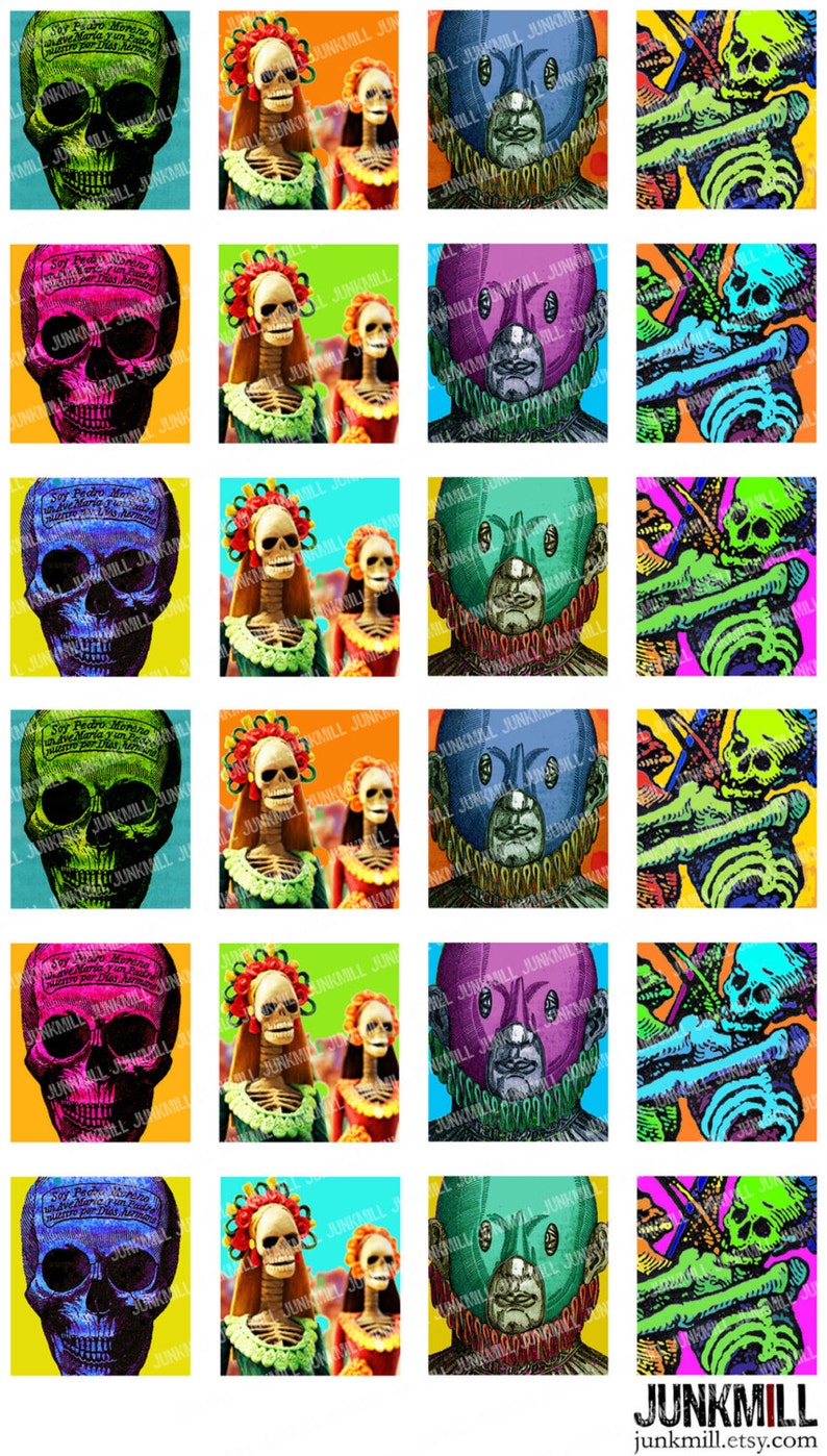 LOS MUERTOS Digital Printable Collage Sheet Mexican Day of the Dead Skeletons & Catrinas, 1 Square or Scrabble Tile, Instant Download image 3