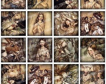 ALICE SQUARES - Digital Printable Collage Sheet - Gothic Victorian Alice in Wonderland, 1" Square or Scrabble Tile, Instant Download