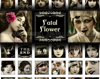 WICKED WOMEN - Digital Printable Collage Sheet - Vintage Screen Sirens & Risque Flappers, Vintage Portraits, 1" Squares or Scrabble Tiles