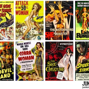 SHE MONSTER - digitaal afdrukbaar collageblad - retro cult klassieke film filmposters, pulphorror en sciencefiction, instant download, ATC
