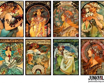 MUCHA MASTERPIECES - Digitaal afdrukbaar collageblad - 2,5 x 3,5 inch - Alphonse Mucha art nouveau-schilderijen, ATC-afbeeldingen, digitale download