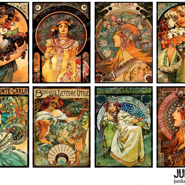 MUCHA MASTERPIECES - Digital Printable Collage Sheet - 2.5" x 3.5" - Alphonse Mucha Art Nouveau Paintings, ATC Images, Digital Download