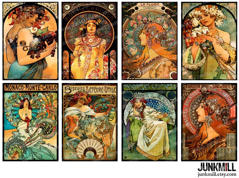 MUCHA MASTERPIECES Digital Printable Collage Sheet 2.5 x 3.5 Alphonse Mucha Art Nouveau Paintings, ATC Images, Digital Download image 1