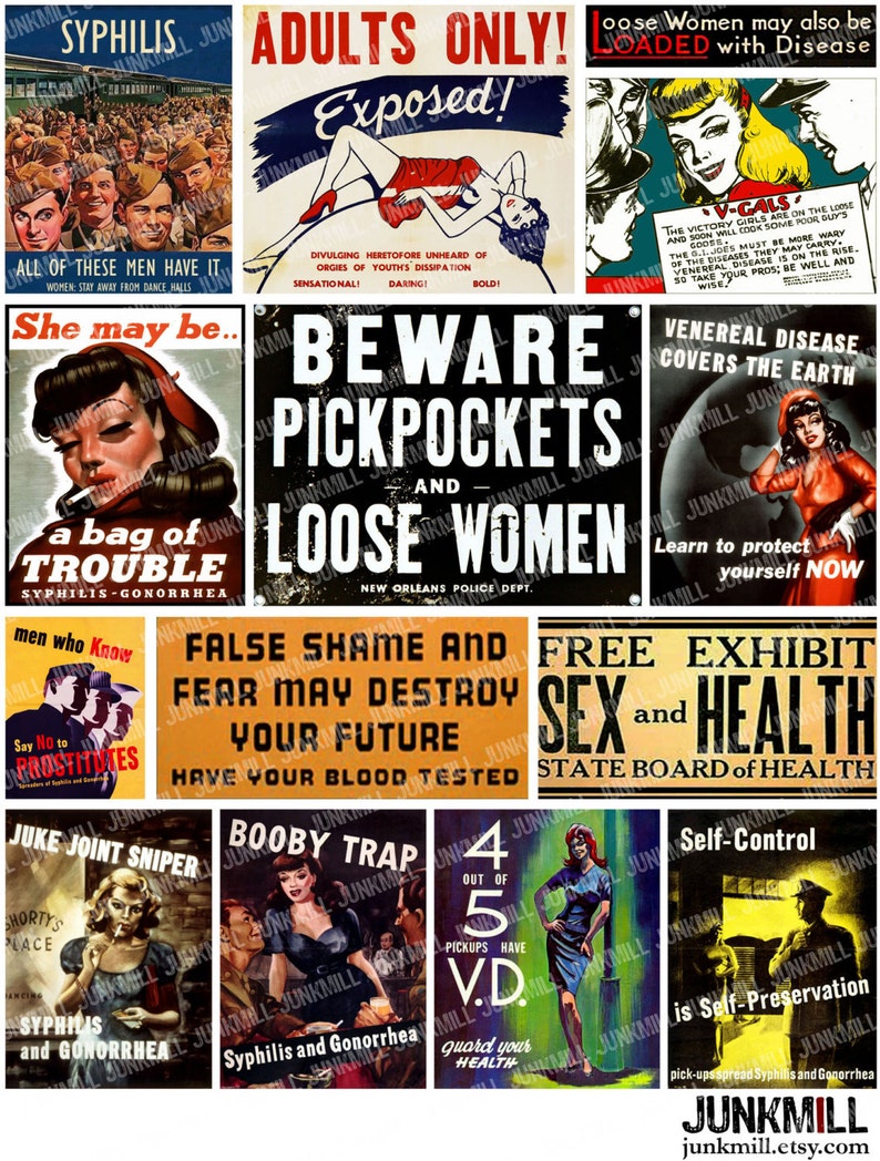 LOOSE WOMEN - digitaal afdrukbaar collagevel - vintage WO II-prostitutiepropagandaposters met seksuele voorlichting, prostituees en ziekte afbeelding 1