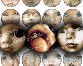 DOLLHOUSE - Digital Printable Collage Sheet - Creepy Vintage Dolls & Evil Children's Faces for Halloween, 1" Circle, 25 mm, Instant Download