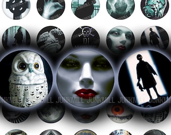 EERIE - Digital Printable Collage Sheet - 1" Circles, 25 mm Round - Spooky Halloween Skeletons Black Cats Witches Occult, Digital Download