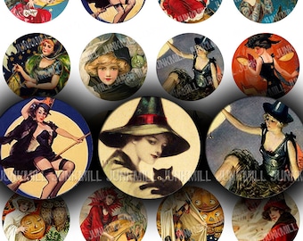 WISTFUL WITCHES - Digital Printable Collage Sheet - 1" Circles, 1.5" Circles, 25 mm, 38 mm - Vintage Halloween Witches Pin-Ups, Downloads