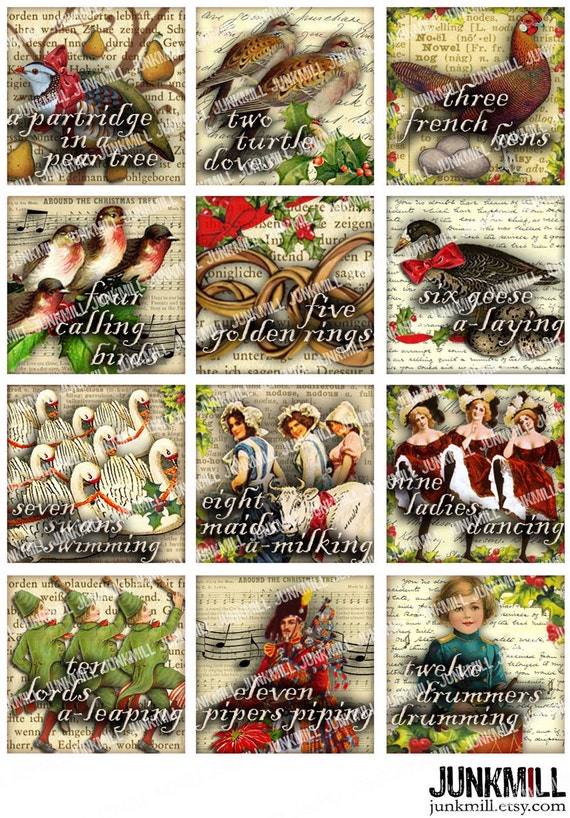 12 DAYS OF CHRISTMAS Vintage Twelve Days of Christmas Partridge in a Pear Tree 30 x 40 mm Ovals Digital Printable Collage Sheet