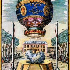 May include: An antique illustration depicting a hot air balloon being launched from a platform. The balloon is blue and gold with a red and white striped basket. The platform is made of brick and has a set of stairs leading up to it. There are people gathered around the platform, watching the launch.
