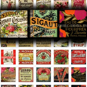 LITTLE LABELS - digitaal afdrukbaar collagevel - verschillende mix van vintage labels, Franse parfumapotheker wijn, vierkante tegel van 1 inch of scrabbletegel