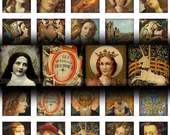 ROYAL QUEENS - Digital Printable Collage Sheet - Medieval Renaissance Fairy Tale Princesses, Castles, Heraldry, 1" Square & Scrabble Tile