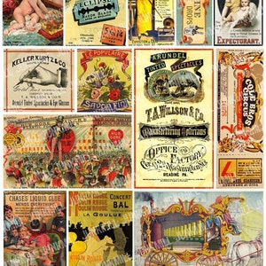 TARJETAS DE CURIOSIDAD - Hoja de collage imprimible digitalmente - Circo antiguo, etiquetas de boticario antiguas, anuncios franceses, descarga instantánea