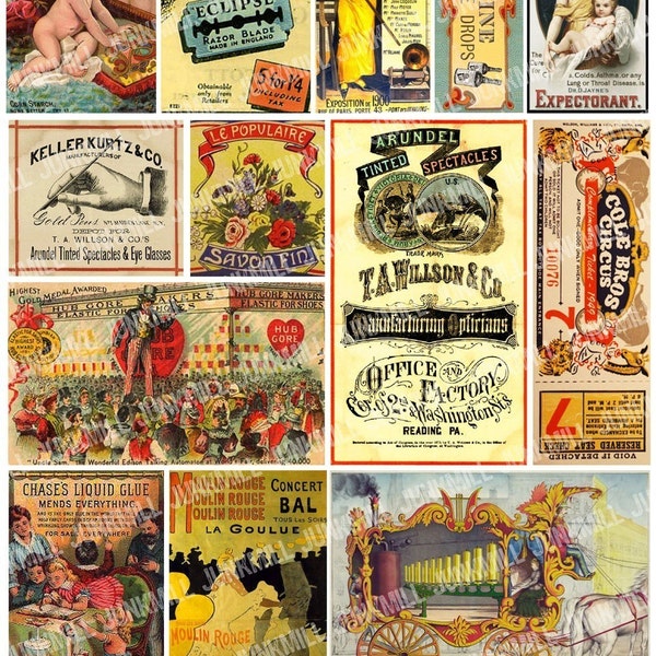 CURIOSITY CARDS - Digital Printable Collage Sheet - Vintage Circus, Antique Apothecary Labels, French Advertisements, Instant Download