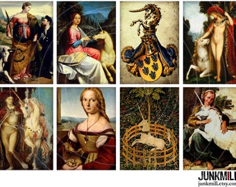 UNICORNS & QUEENS - Digital Printable Collage Sheet - Medieval Renaissance Paintings, Women with Unicorns, Mythology, ATC 2.5" x 3.5"