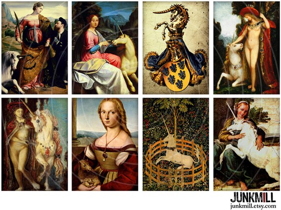 ATC 2.5 x 3.5 UNICORNS /& QUEENS Women with Unicorns Mythology Digital Printable Collage Sheet Medieval Renaissance Paintings
