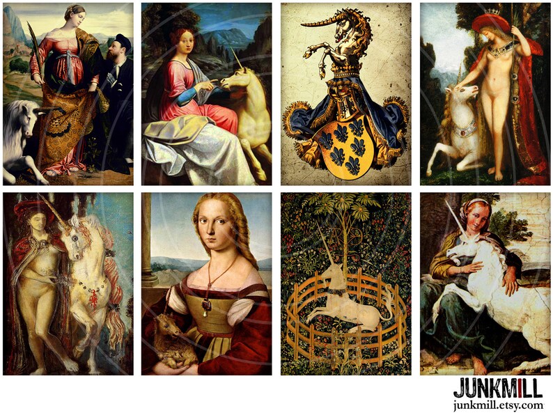 ATC 2.5 x 3.5 UNICORNS /& QUEENS Women with Unicorns Mythology Digital Printable Collage Sheet Medieval Renaissance Paintings