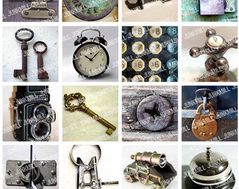 STEAMPUNK PARTS - Digital Printable Collage Sheet - Vintage Industrial Gears, Clocks, Keys, 1" Square or Scrabble Tile, Instant Download
