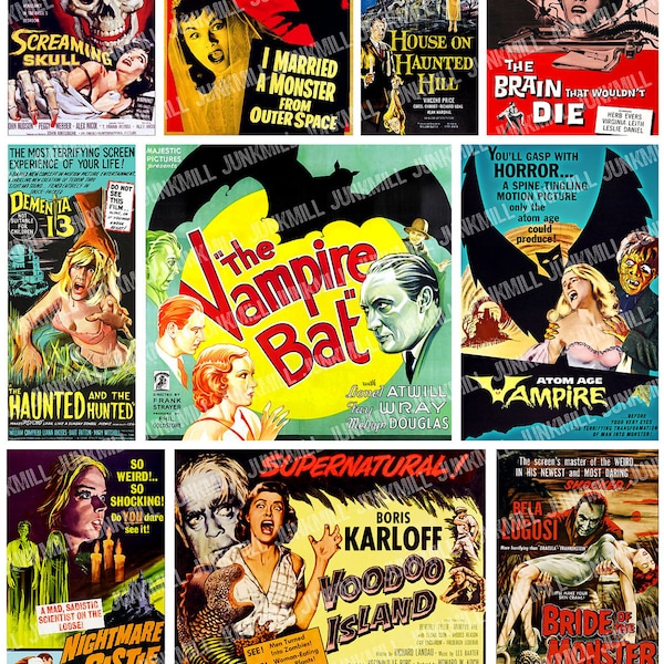 RETRO HORROR - Digital Printable Collage Sheet - Vintage B-Movie Posters, Pulp Film Art, Halloween Cult Classics, Instant Download
