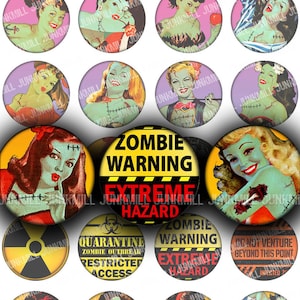 ZOMBIE GIRLS - Digitalt utskrivbart collageark - Retro odöda pin-ups, Zombiepocalypse, Halloween, 2,5 cm cirkel, 25 mm rund, direkt nedladdning