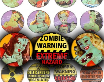 ZoMBIE GIRLS - Digital Printable Collage Sheet - Retro Undead Pin-Ups, Zombiepocalypse, Halloween, 1" Circle, 25 mm Round, Instant Download